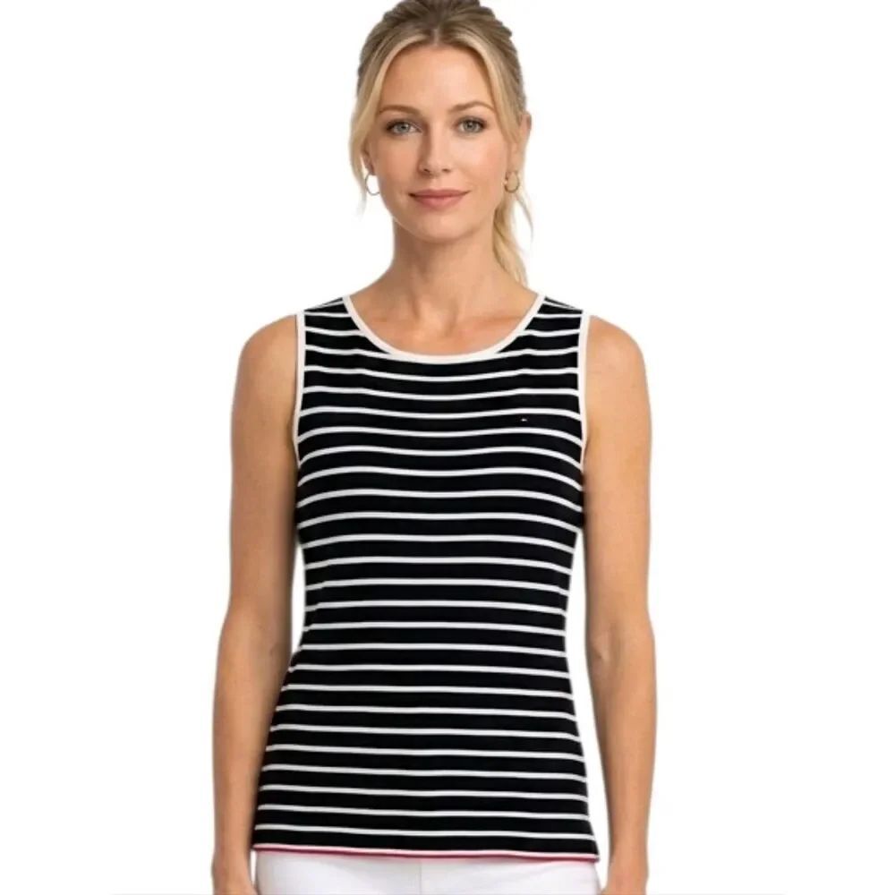 Tommy Hilfiger Navy Blue Striped Button Detail Stretch Tank Top Size SP
